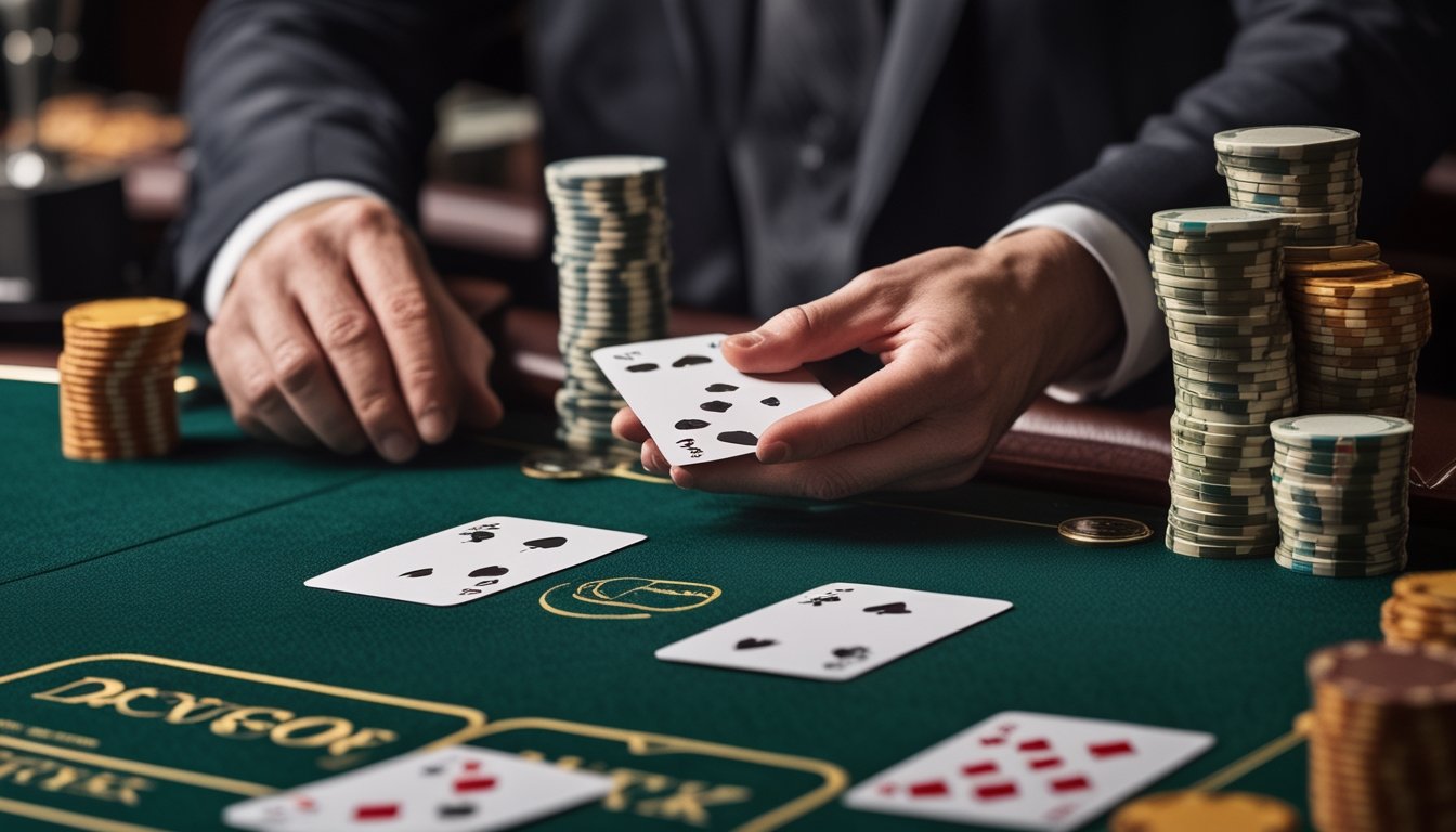 Pemain blackjack mempelajari kartu terbuka di meja kasino dengan tumpukan chip dan dealer di dekatnya.