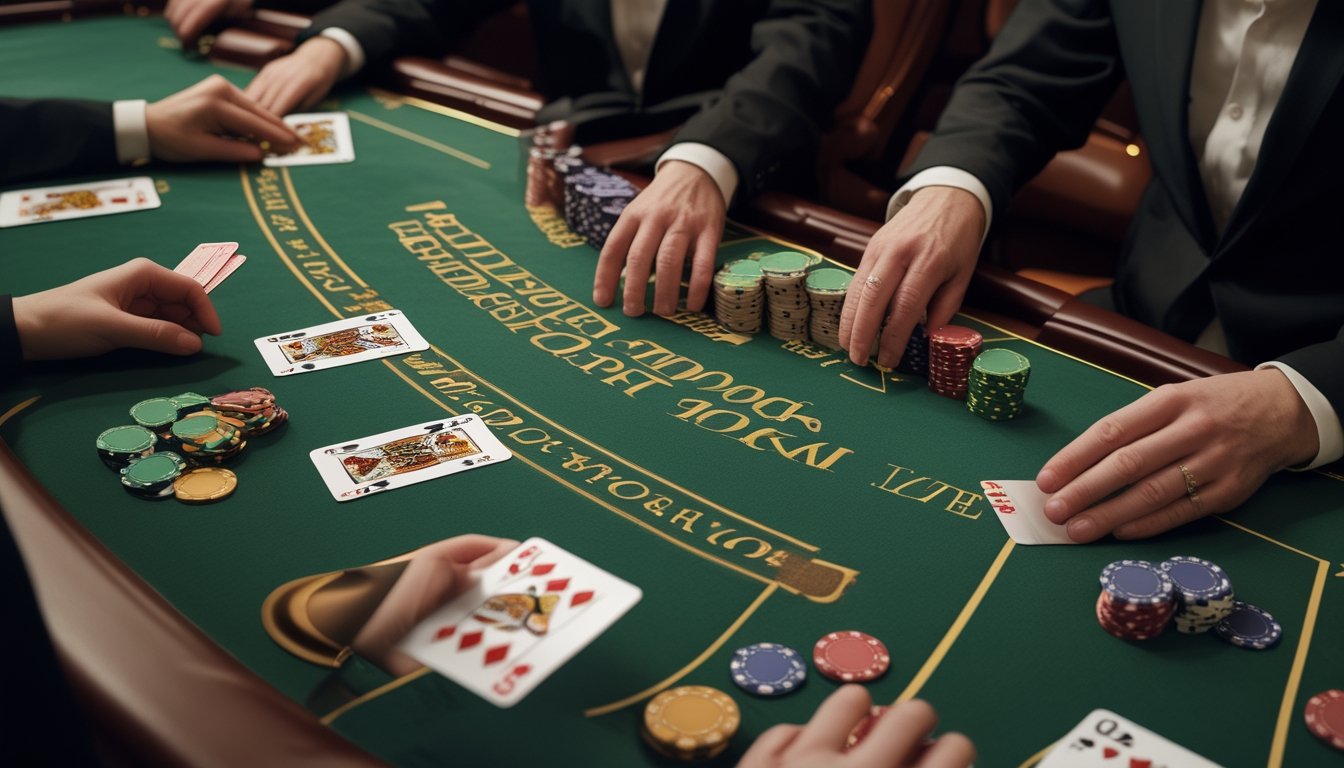 Dealer dan pemain sedang memainkan Double Exposure Blackjack dengan kartu terbuka dan tumpukan chip di atas meja kasino.