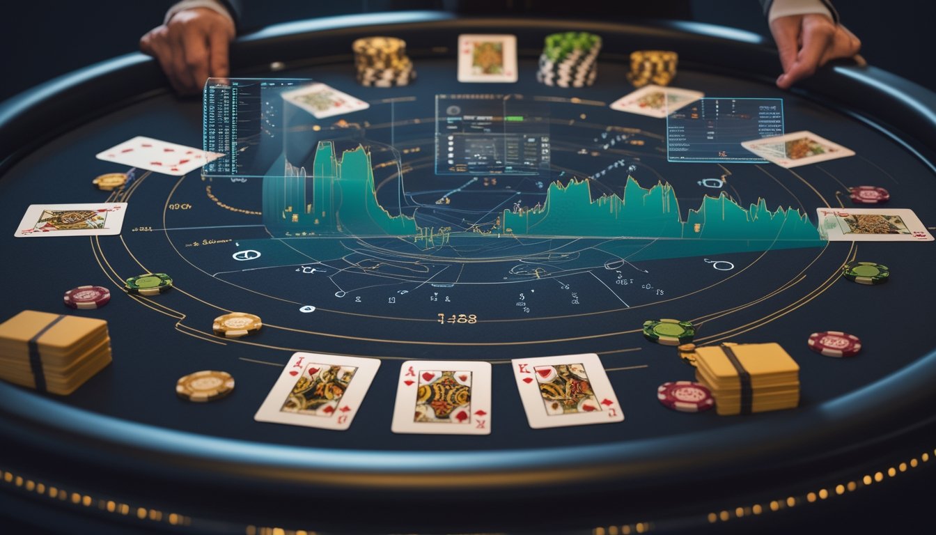 Meja blackjack dengan kartu, keping taruhan, dan visualisasi analisis probabilitas yang menyatu dengan sosok analis.