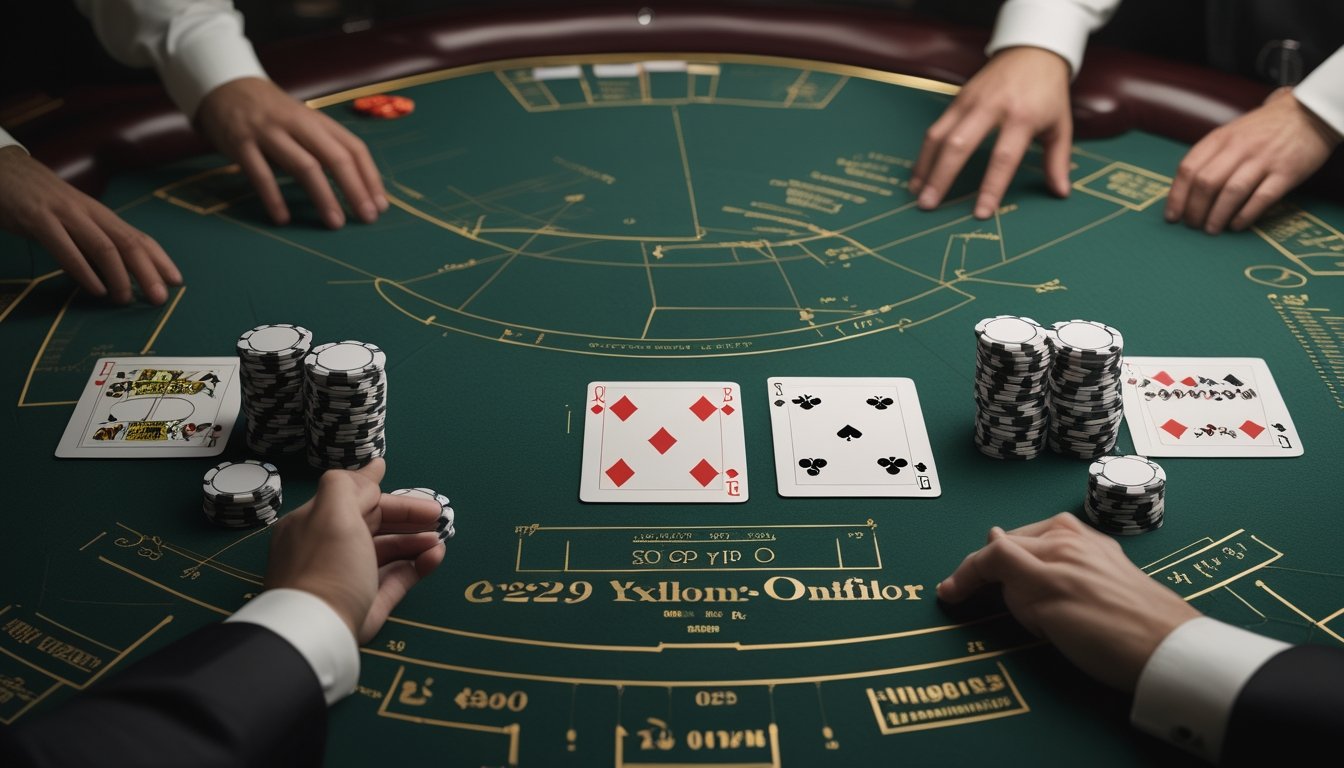 Meja blackjack dengan kartu dealer terbuka, chip kasino, dan elemen visual yang menggambarkan analisis peluang.