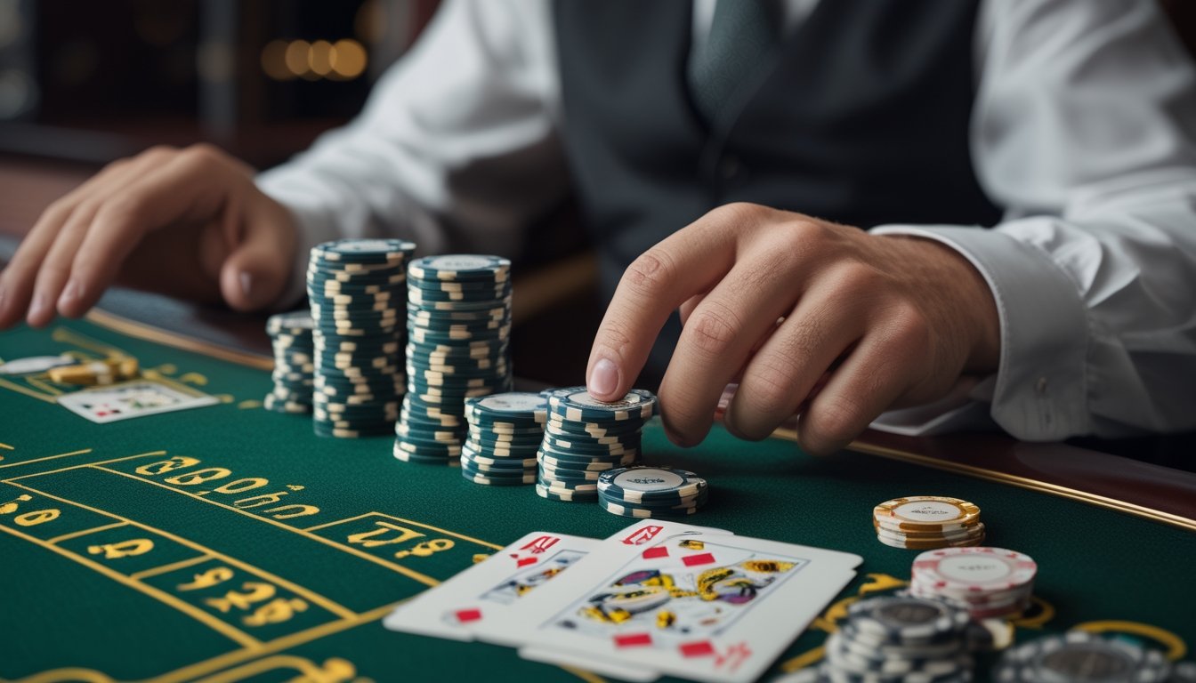 Pemain blackjack yang sedang mempertimbangkan kartu dan tumpukan chip di meja kasino.
