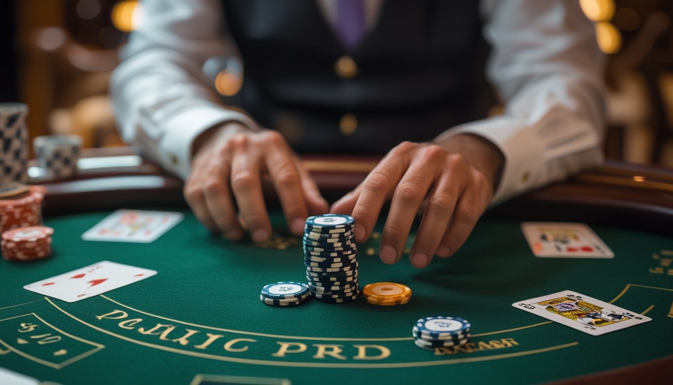 Pemain blackjack mengatur kartu dan tumpukan chip di meja kasino dengan dealer di latar belakang.