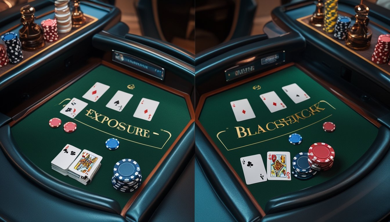 Meja kasino modern menampilkan perbandingan permainan Double Exposure Blackjack dan Blackjack klasik dengan kartu serta keping taruhan.
