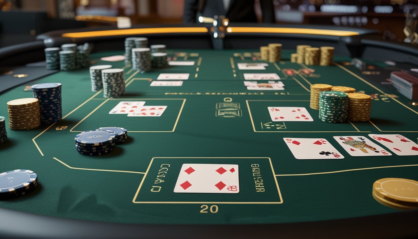 Meja blackjack kasino dengan dua susunan kartu yang menggambarkan format Double Exposure dan blackjack klasik.