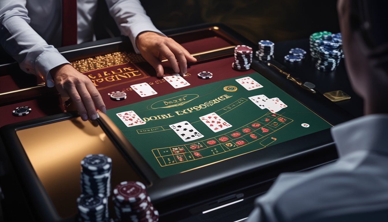 Pemain dewasa melihat permainan blackjack online dengan kartu terbuka, keping kasino, dan suasana pencahayaan yang menampilkan peluang serta risikonya.