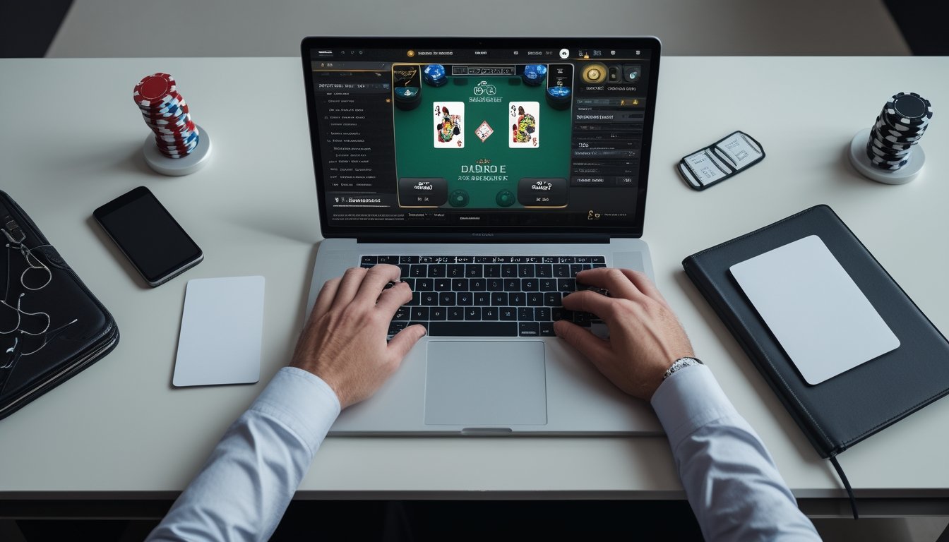Seseorang mempelajari permainan blackjack online dengan dua kartu dealer terbuka, kartu pemain, dan keping kasino di atas meja.