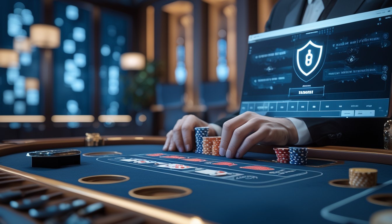 Meja baccarat virtual dengan kartu, chip kasino, dan elemen teknologi digital yang melambangkan permainan aman dan terpercaya.