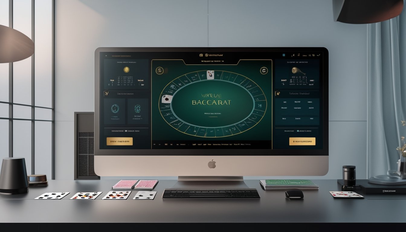 Tampilan meja baccarat virtual dengan kartu, chip, dan elemen teknologi keamanan di layar komputer.