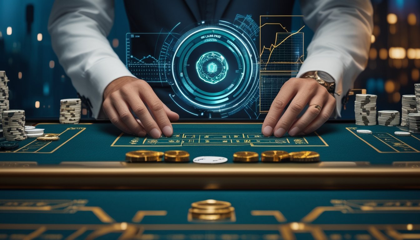Meja baccarat elegan dengan kartu, keping taruhan, dan elemen teknologi digital di lingkungan kasino modern.