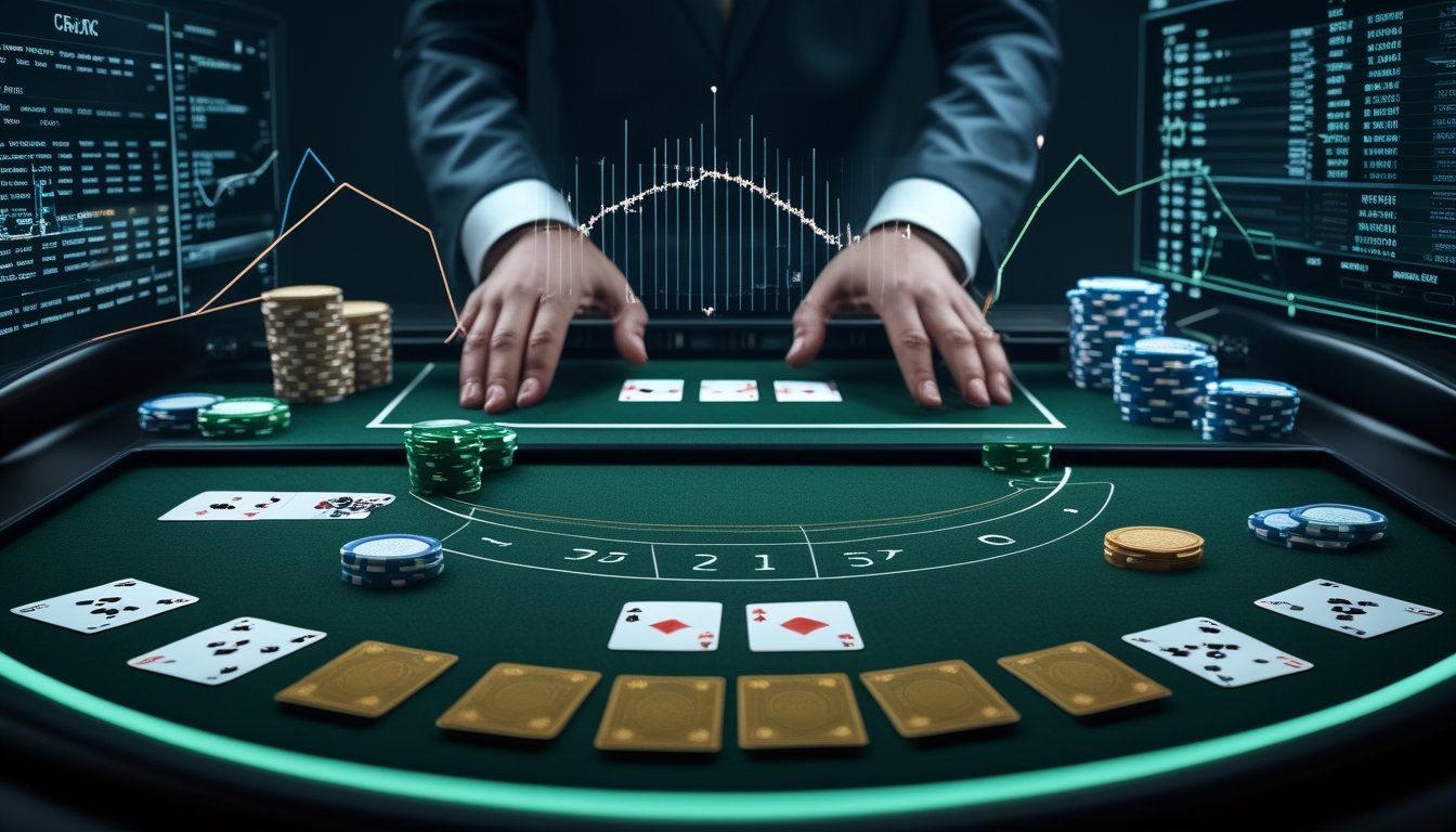Meja baccarat dengan kartu, chip, tangan dealer, dan visualisasi data abstrak yang menggambarkan RNG serta RTP.