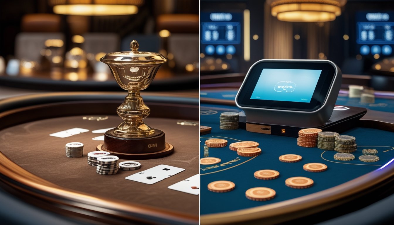 Perbandingan meja baccarat klasik dengan perangkat permainan modern dalam suasana kasino elegan.