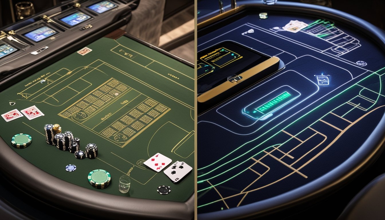 Perbandingan meja baccarat klasik dan modern dengan kartu, chip, serta elemen digital di lingkungan kasino.