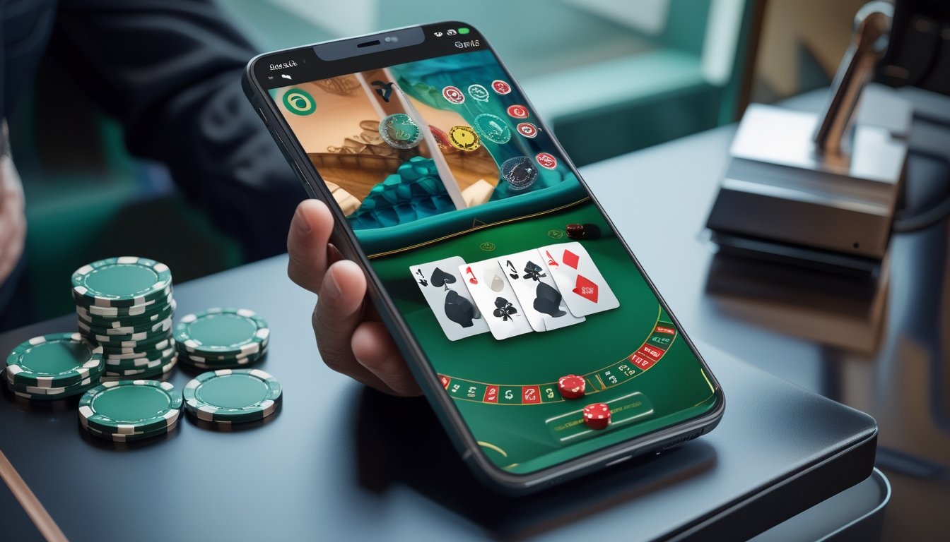 Tangan memegang ponsel Android yang menampilkan permainan baccarat virtual di atas meja dengan keping taruhan.