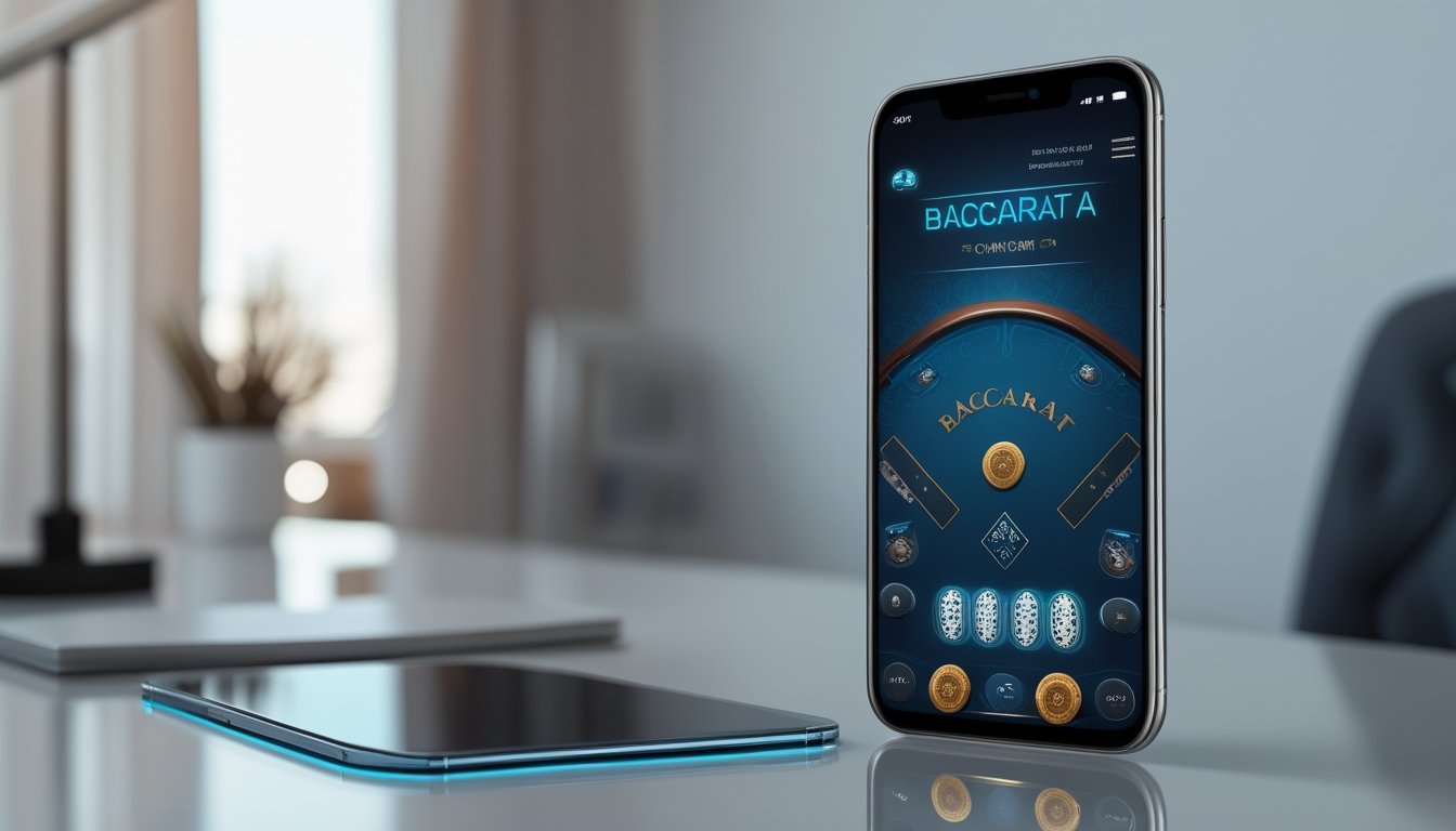 Sebuah ponsel Android menampilkan permainan baccarat virtual di atas meja kerja modern.