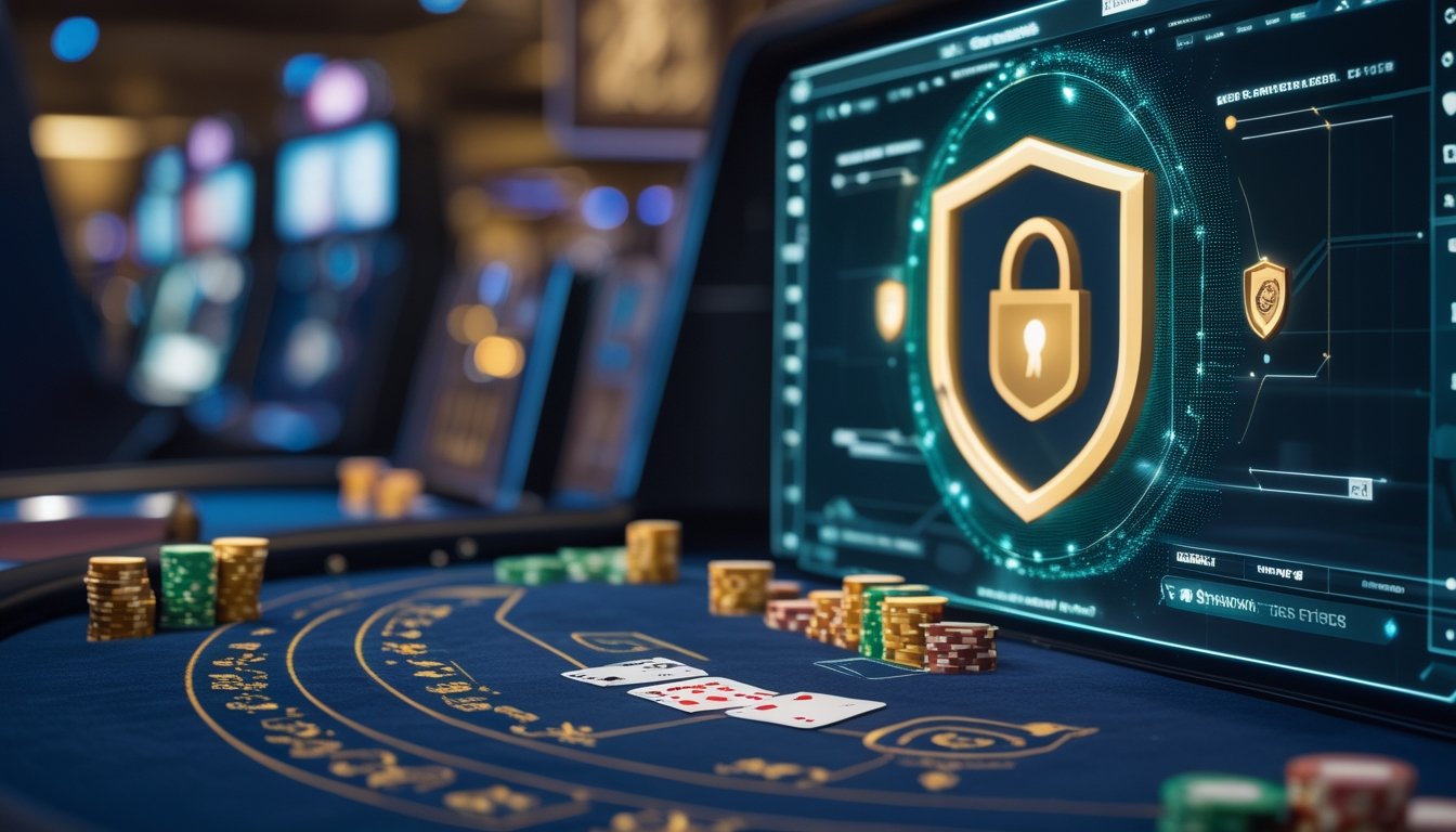 Meja baccarat dengan kartu, keping permainan, dan visualisasi digital keamanan serta pengacakan data.