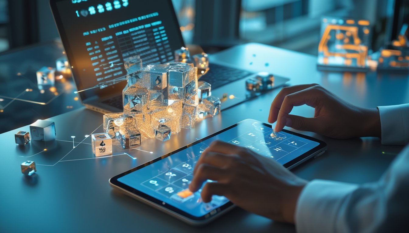 Tangan seorang analis meninjau pola data tiga dimensi pada perangkat digital di meja kerja modern.