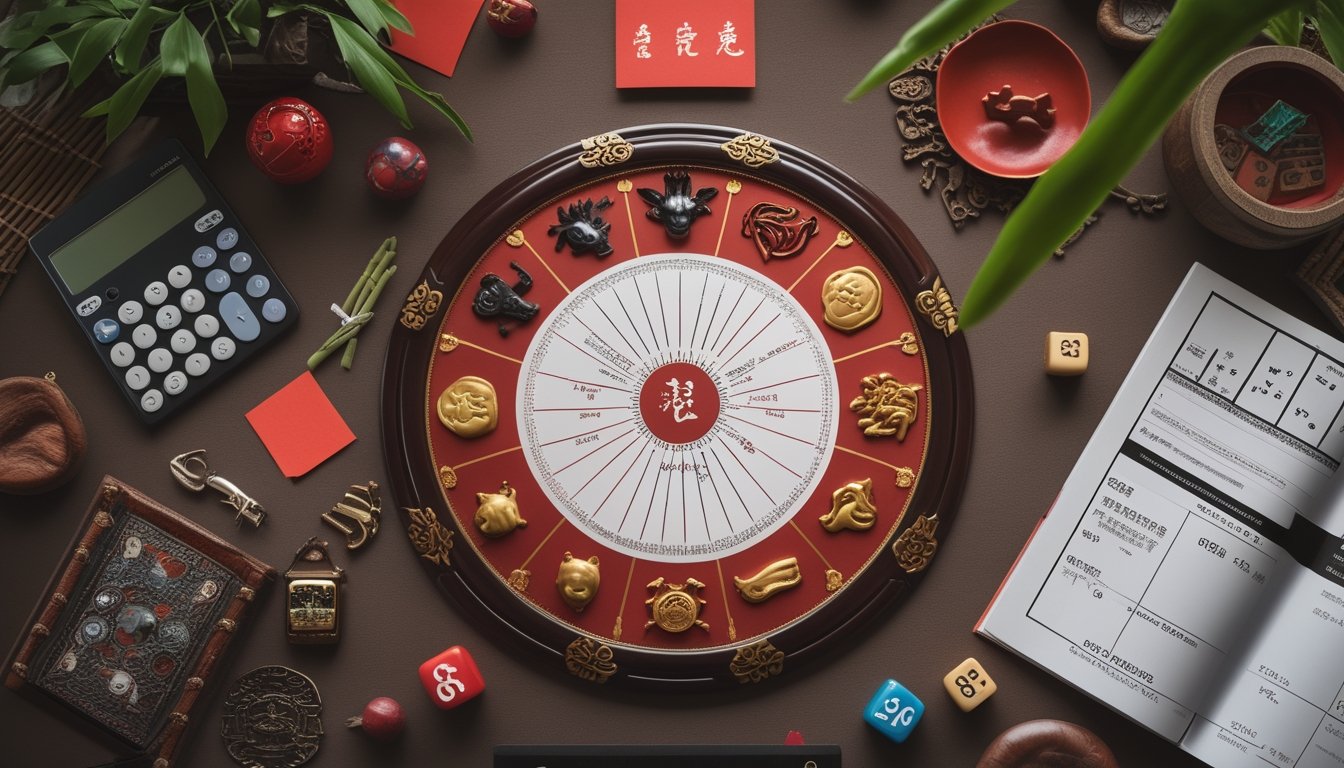 Roda zodiak Tionghoa, kalender 2026, dadu, token bernomor, dan buku catatan tersusun di atas meja.