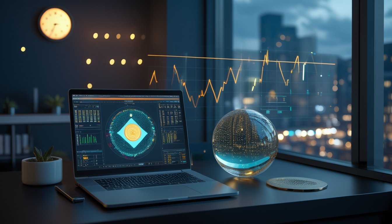 Meja kerja modern pada malam hari dengan laptop yang menampilkan visualisasi data abstrak dan bentuk geometris bercahaya.