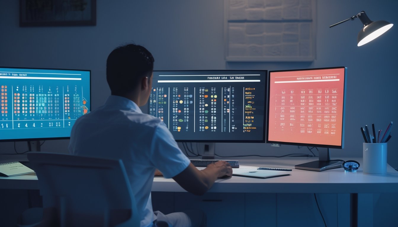 Seorang analis memeriksa visualisasi data abstrak pada beberapa layar di meja kerja pada malam hari.