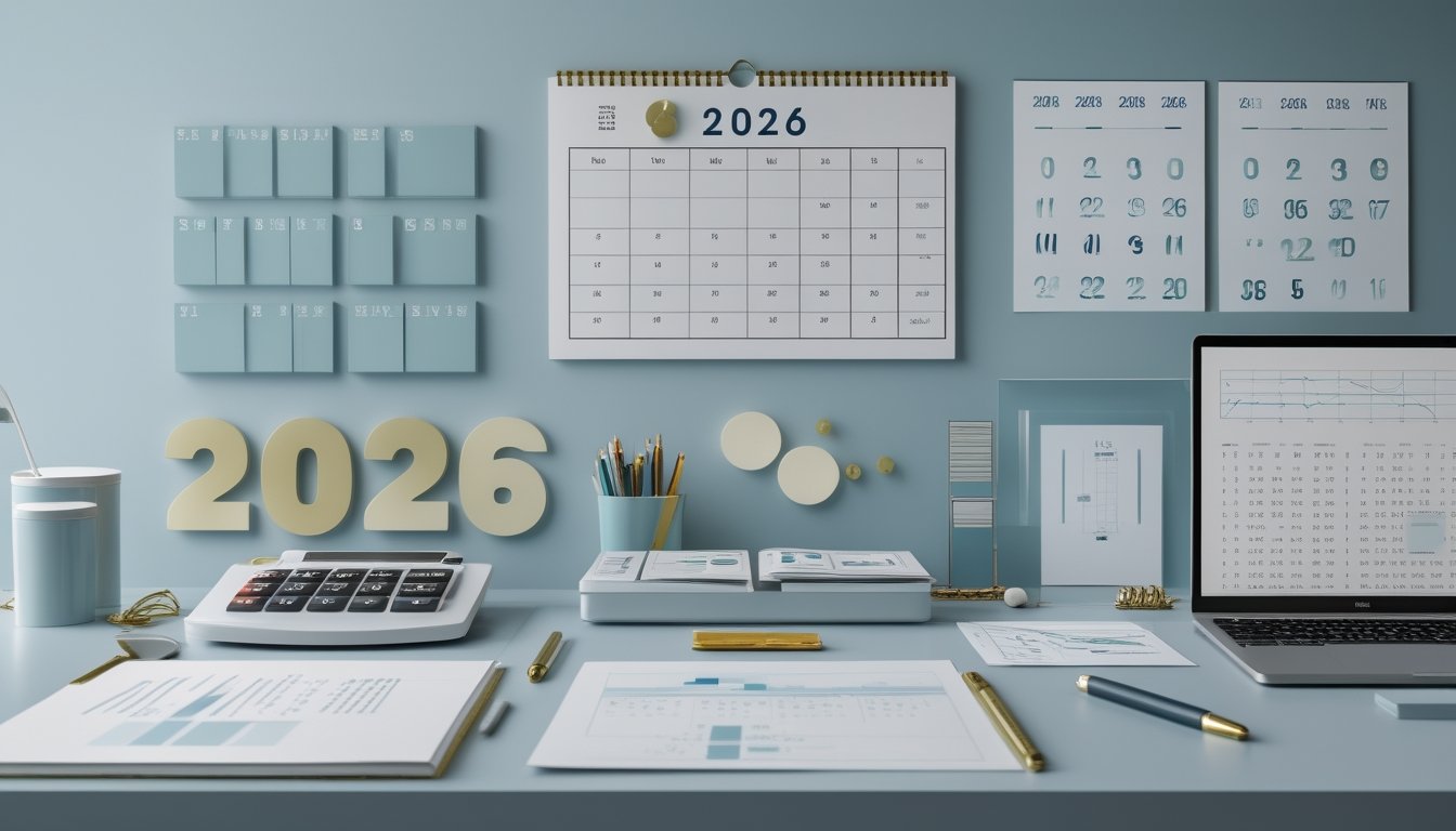 Meja kerja dengan kalender tahun 2026, susunan angka tiga digit, kalkulator, dan grafik data.