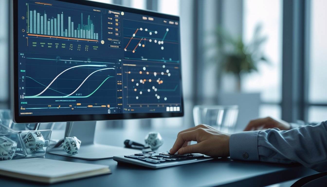Ruang kerja analis dengan monitor yang menampilkan grafik probabilitas dan visualisasi data tiga dimensi.