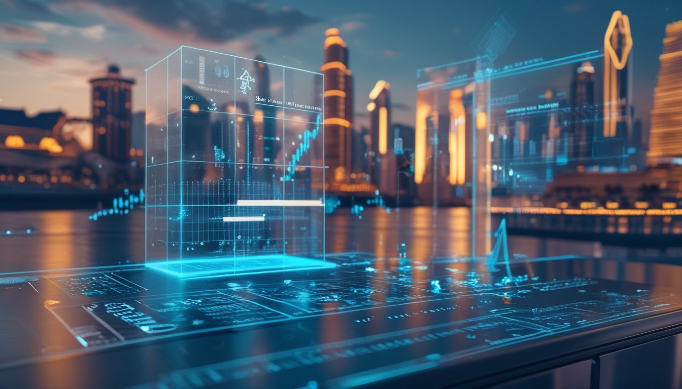 Meja modern dengan kubus holografik, grafik data abstrak, dan latar siluet kota Macau.