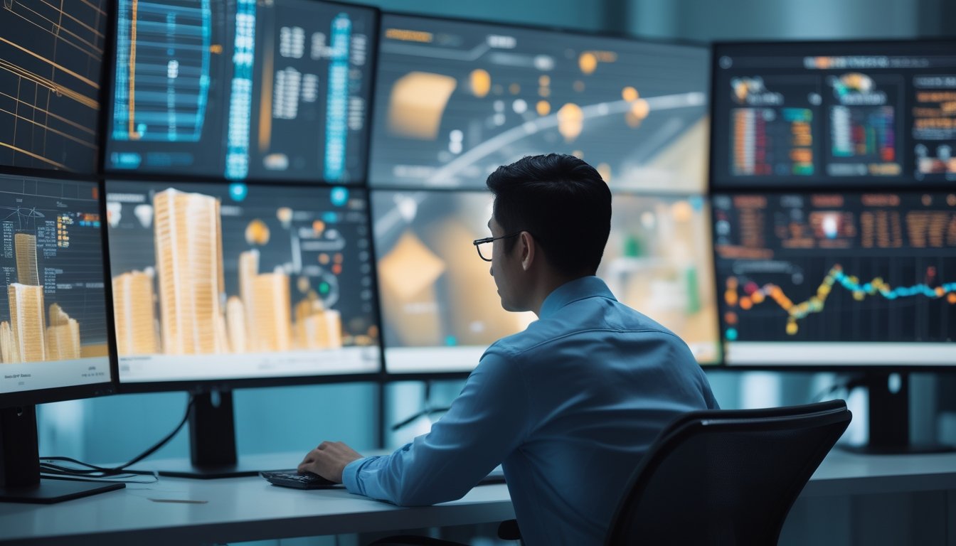 Analis sedang mengamati visualisasi pola data 3D pada beberapa monitor di ruang kerja modern.