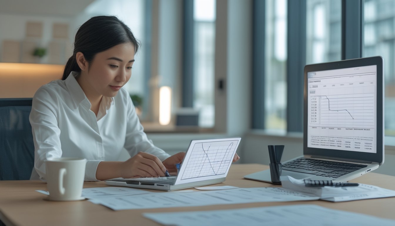Seorang profesional menganalisis data dan grafik di meja kerja dengan laptop, kalkulator, dan catatan.