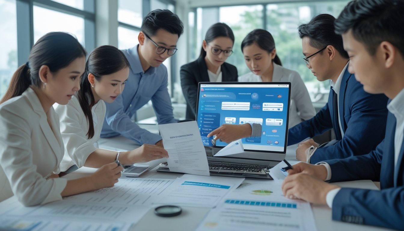 Orang dewasa meninjau dokumen aturan dan data permainan secara cermat di kantor.