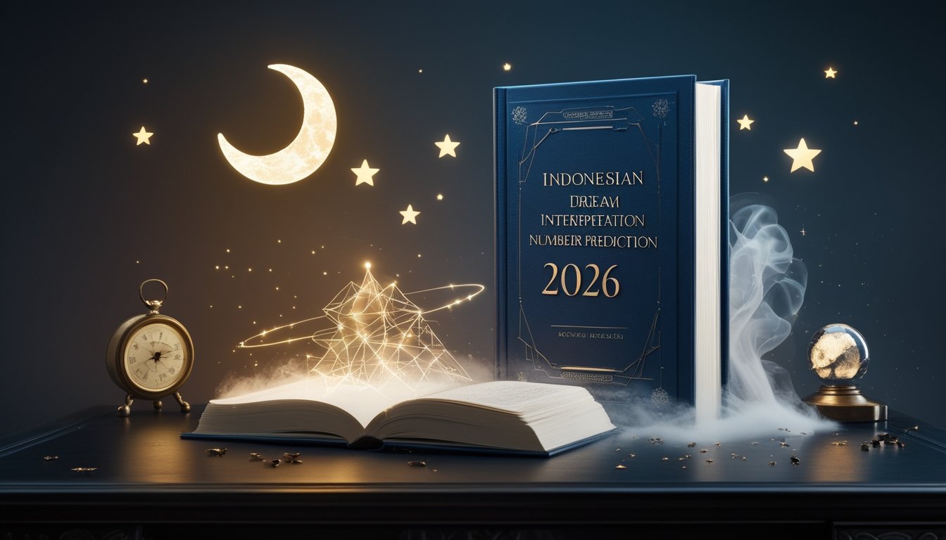 Buku bersampul biru terbuka di atas meja kayu, dikelilingi ornamen bulan, bintang, kabut, bola kristal, kompas, dan jam antik.