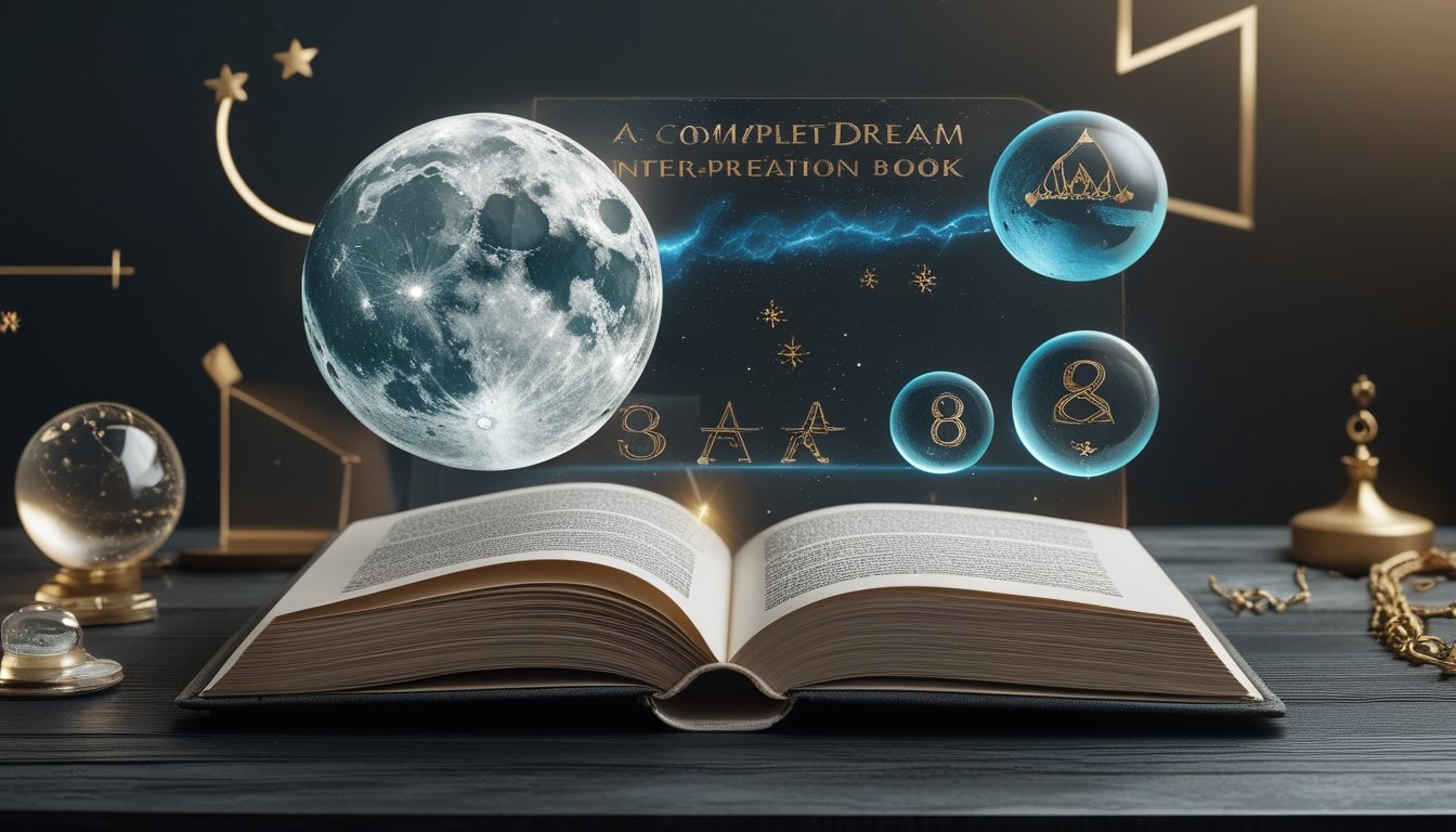 Buku terbuka dengan simbol mimpi bercahaya dan benda-benda bernuansa ramalan di atas meja kayu.