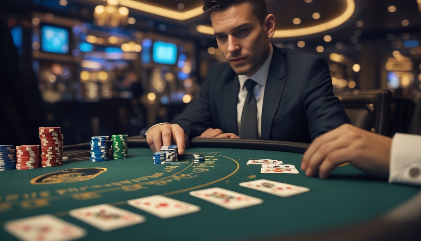 Pemain blackjack mengamati kartu dan keping kasino di meja dengan suasana kasino yang elegan.