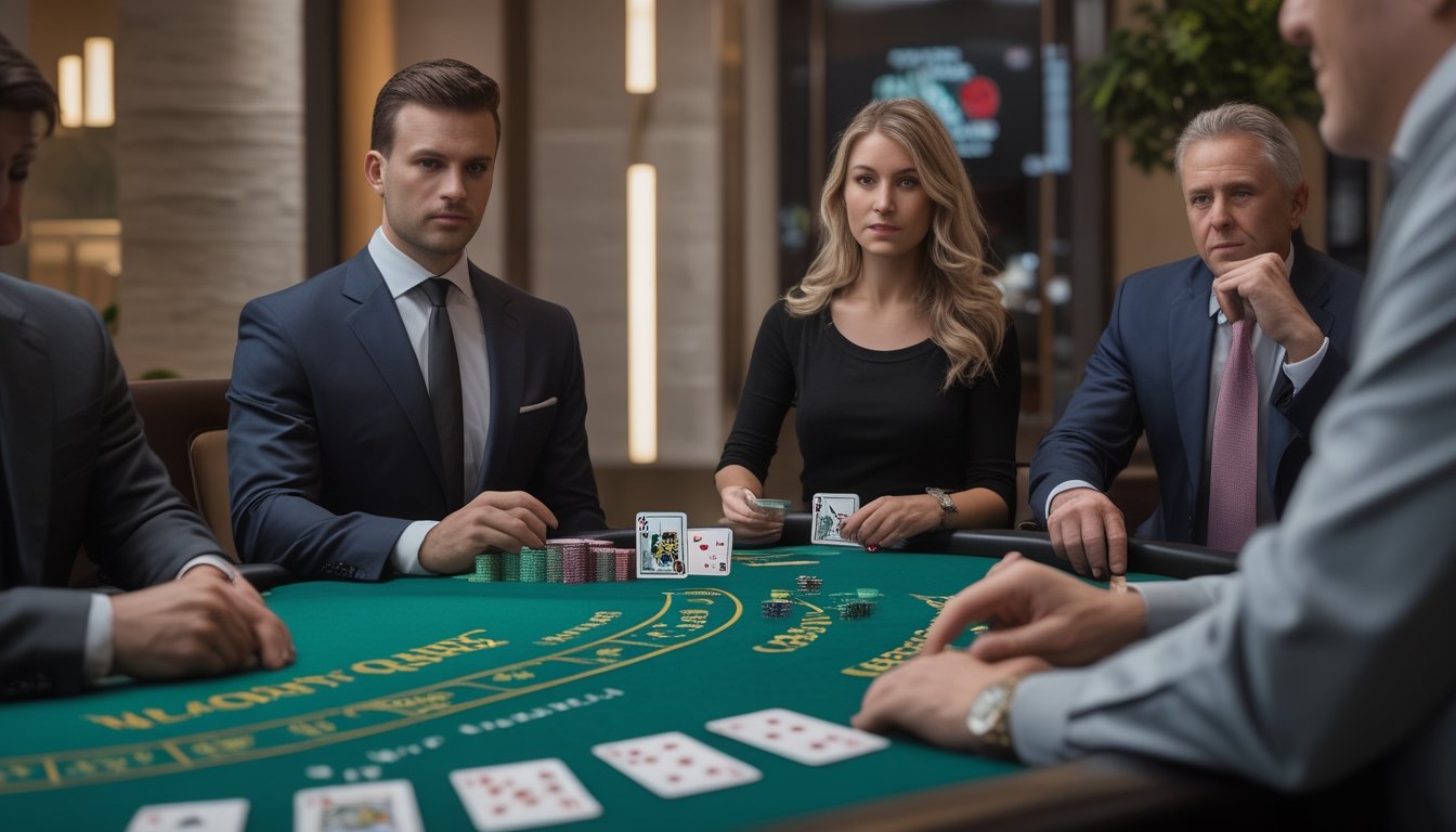 Dealer dan beberapa pemain dewasa berada di meja blackjack kasino dengan kartu dan keping taruhan.