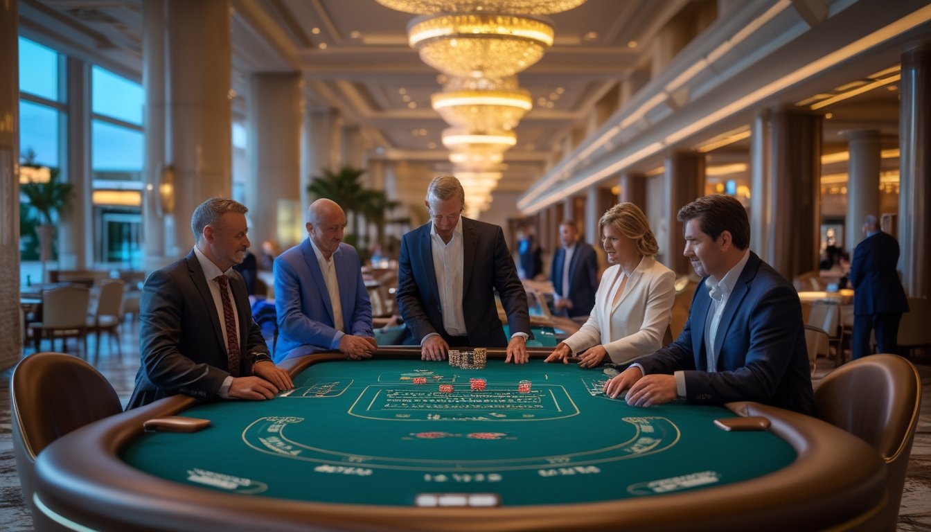 Suasana hotel kasino mewah di Las Vegas dengan meja permainan blackjack dan pemandangan gedung kota.