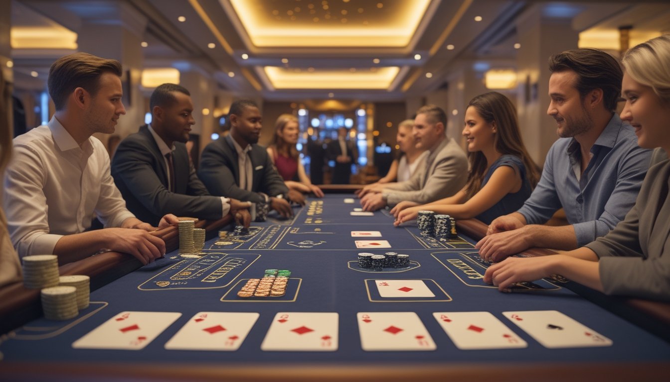 Pemain dewasa menikmati permainan blackjack di kasino hotel mewah dengan latar Las Vegas Strip.
