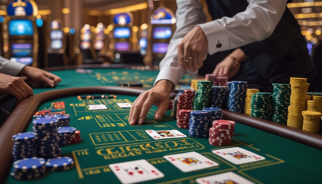 Pemain dan dealer bermain blackjack di meja kasino dengan kartu dan keping taruhan.
