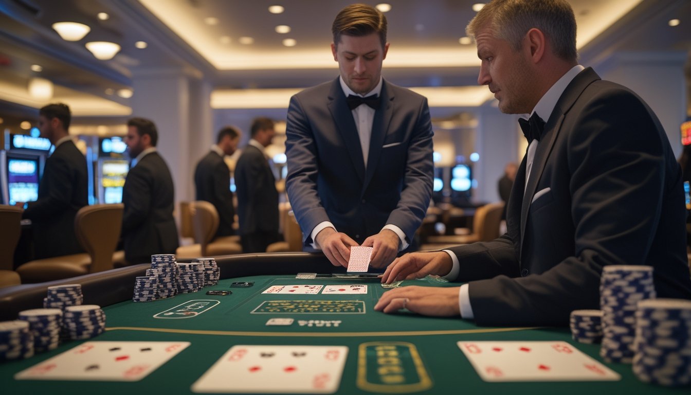 Dealer membagikan kartu blackjack kepada beberapa pemain di meja kasino modern.