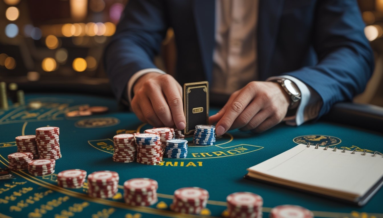 Seorang pemain blackjack mengatur tumpukan chip secara tertib di meja kasino.
