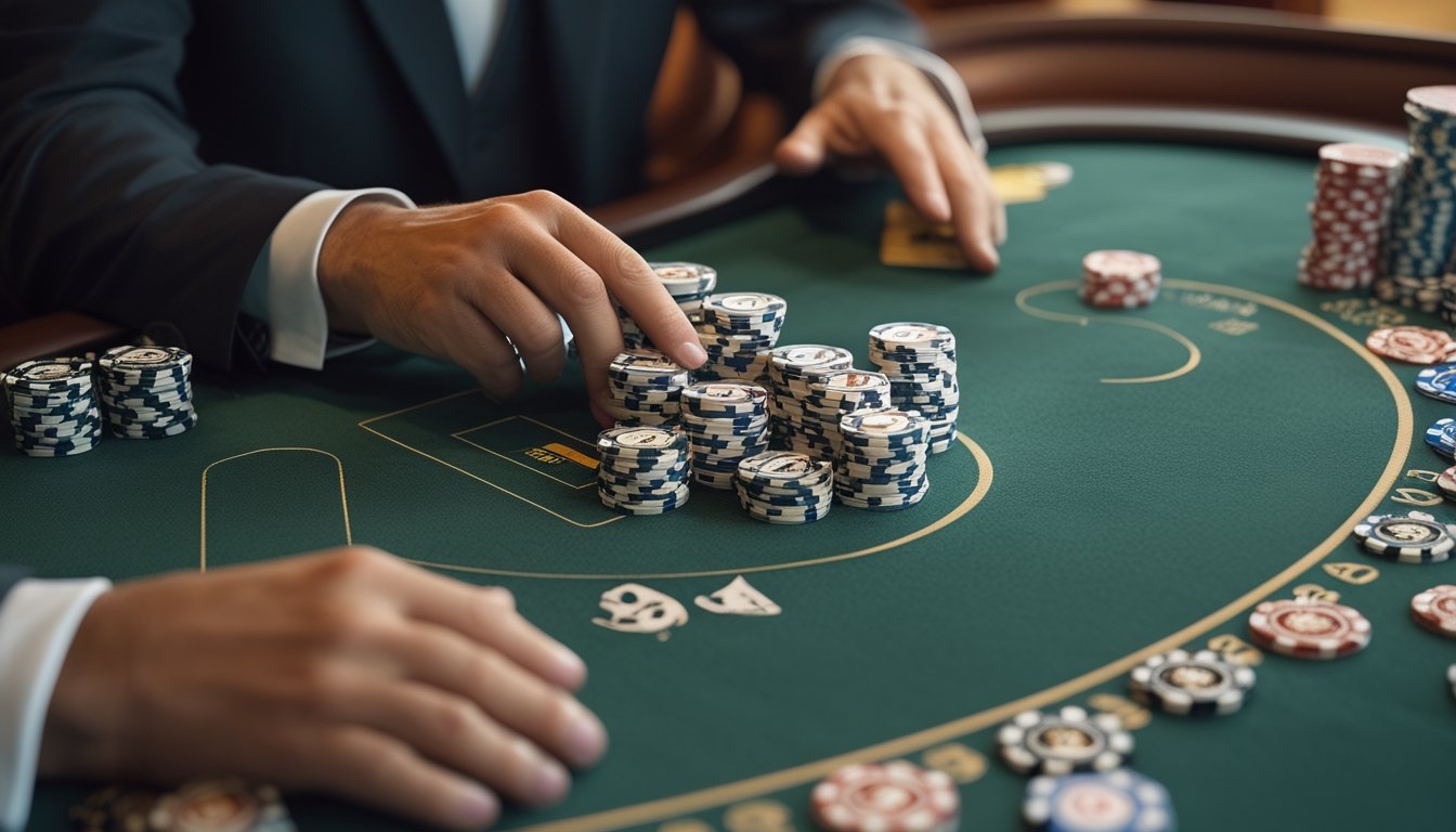 Pemain blackjack menata chip secara teratur di meja kasino dengan suasana yang tenang dan terkendali.