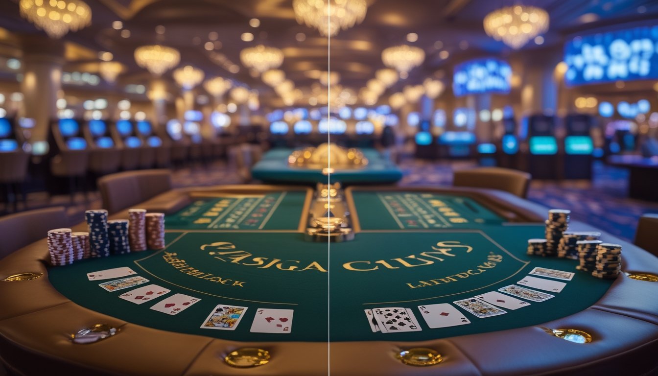 Dua meja blackjack bergaya kasino yang berbeda, dengan kartu, keping taruhan, dan suasana Las Vegas serta Atlantic City.