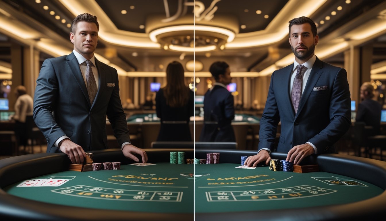 Dua meja blackjack di lingkungan kasino berbeda, masing-masing dengan dealer profesional, pemain, kartu, dan keping taruhan.