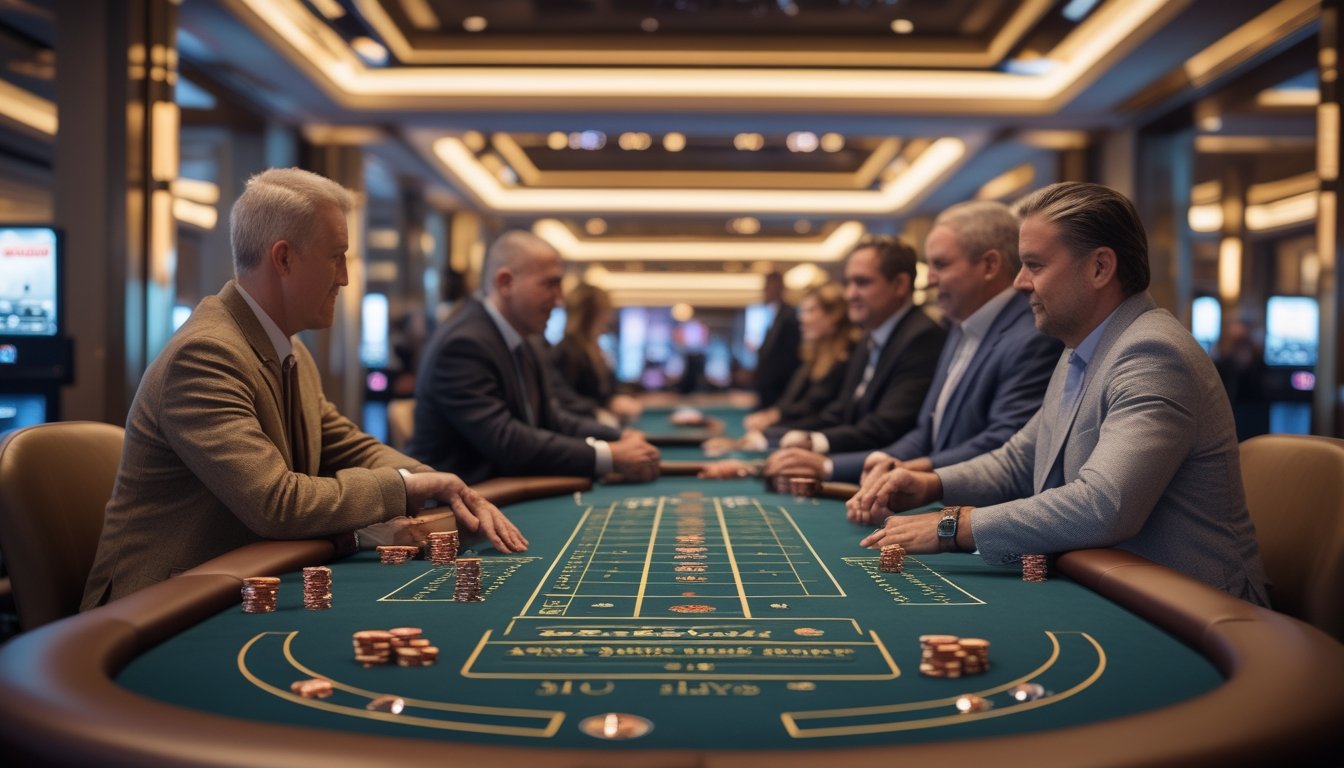 Meja blackjack di kasino Las Vegas yang tenang dengan beberapa pemain dan tumpukan chip taruhan rendah.