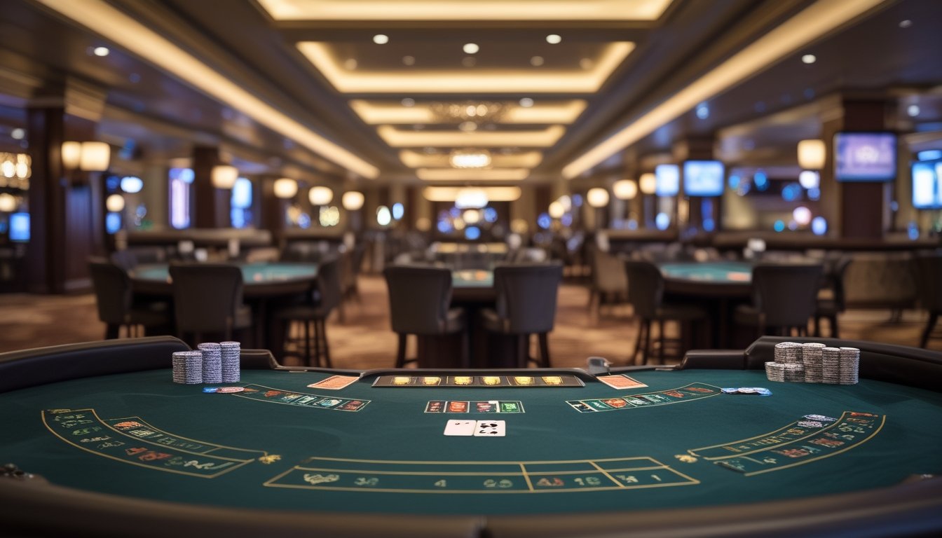 Meja blackjack di kasino Las Vegas yang tenang dengan beberapa kursi kosong dan chip tersusun rapi.