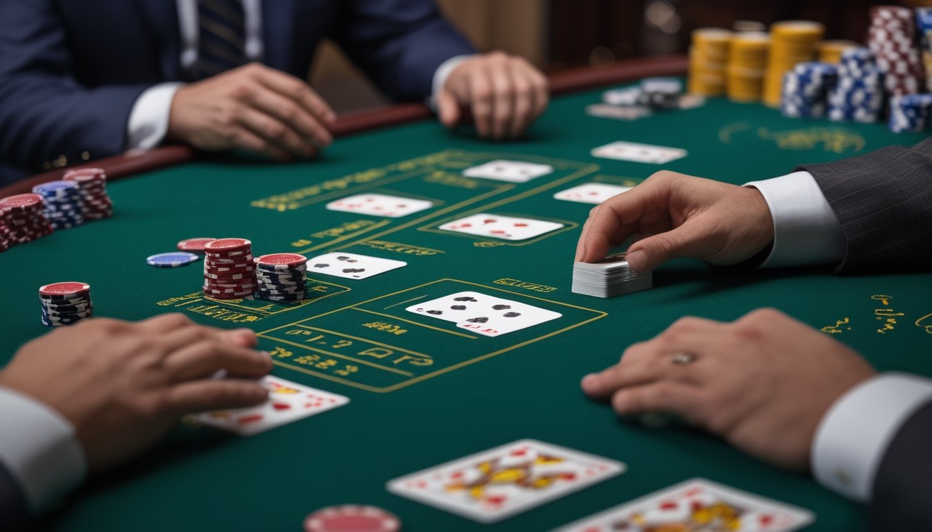 Tangan pemain dan dealer berada di atas meja blackjack kasino dengan kartu dan keping taruhan.