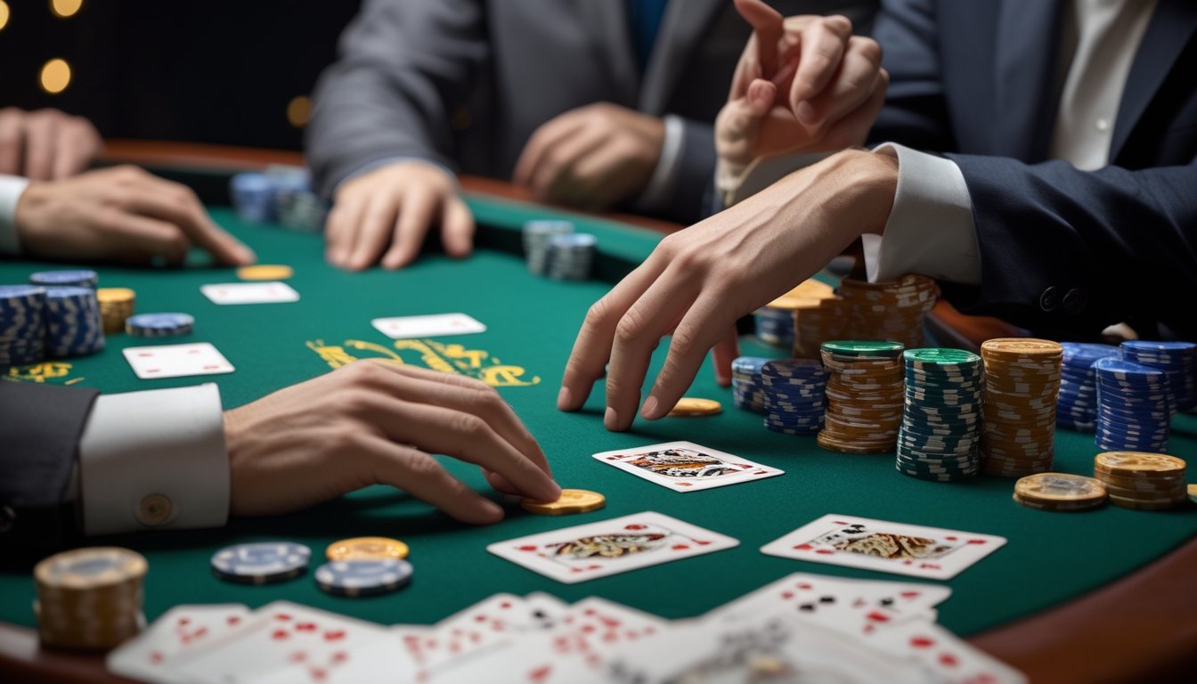 Pemain dan dealer mengevaluasi kartu blackjack di meja kasino dengan suasana Las Vegas.