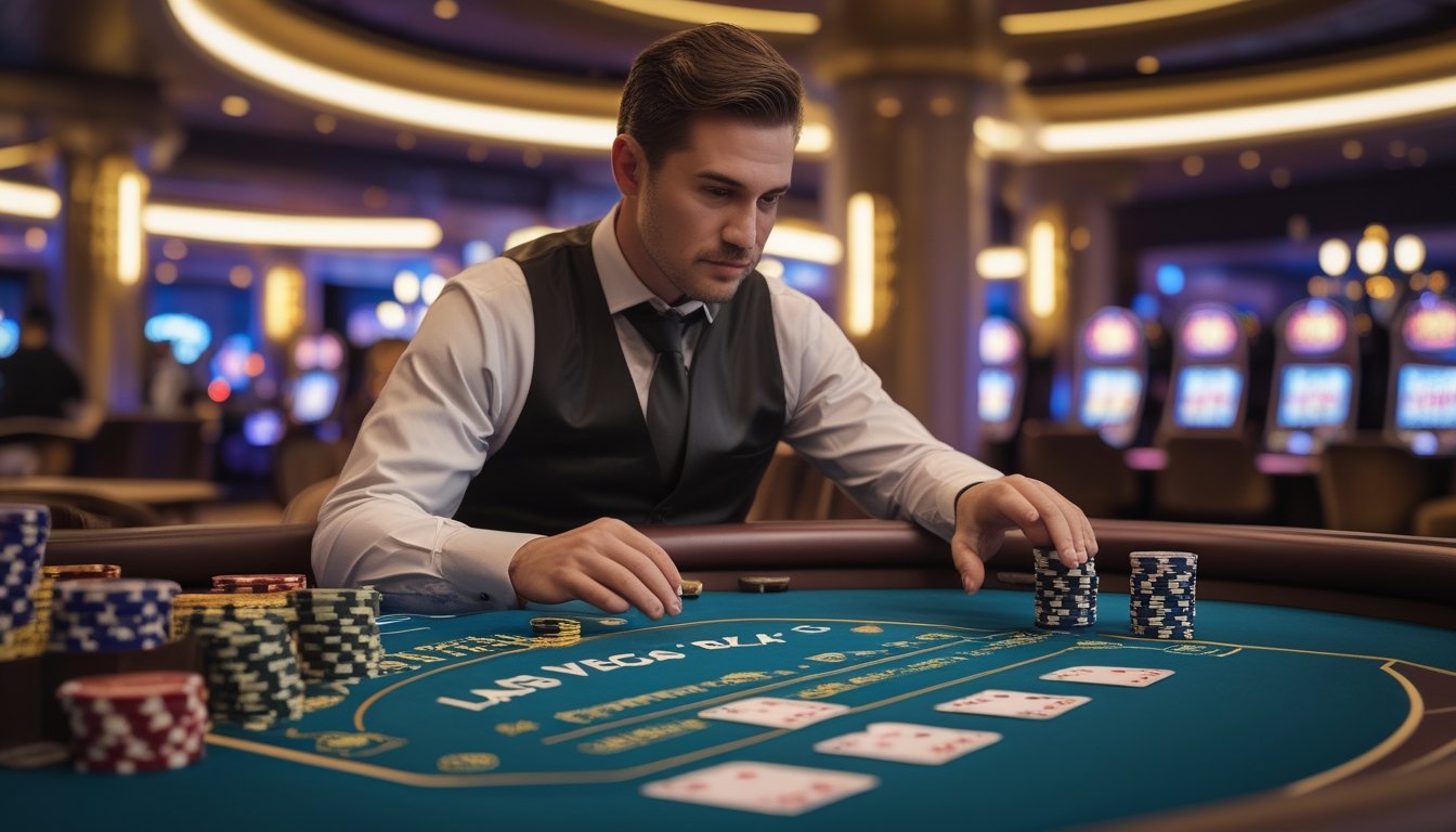 Pemain blackjack memeriksa meja kasino Las Vegas sebelum memasang taruhan.