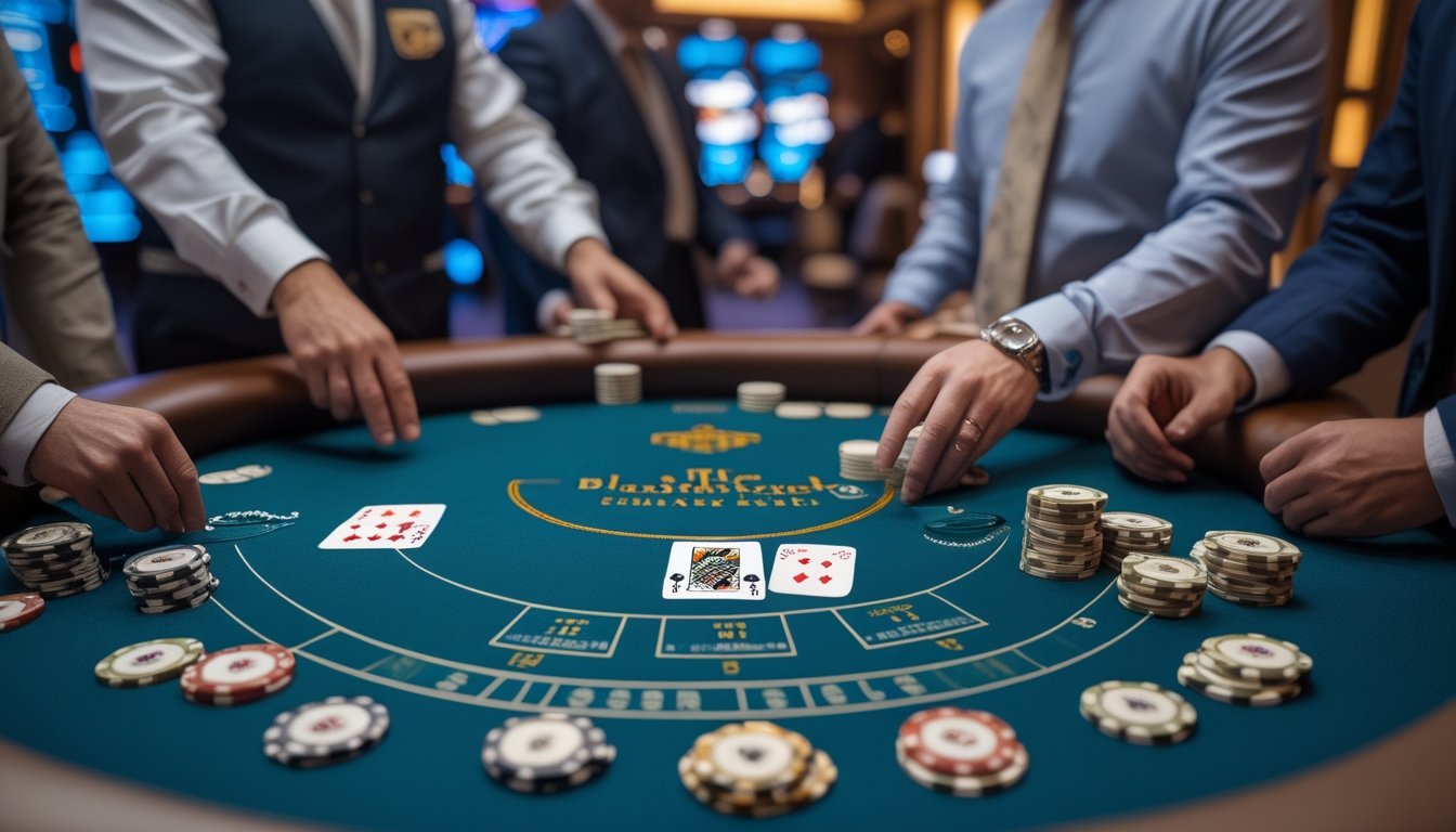 Pemain dan dealer berada di meja blackjack kasino dengan kartu serta tumpukan chip, berlatar suasana Las Vegas yang elegan.