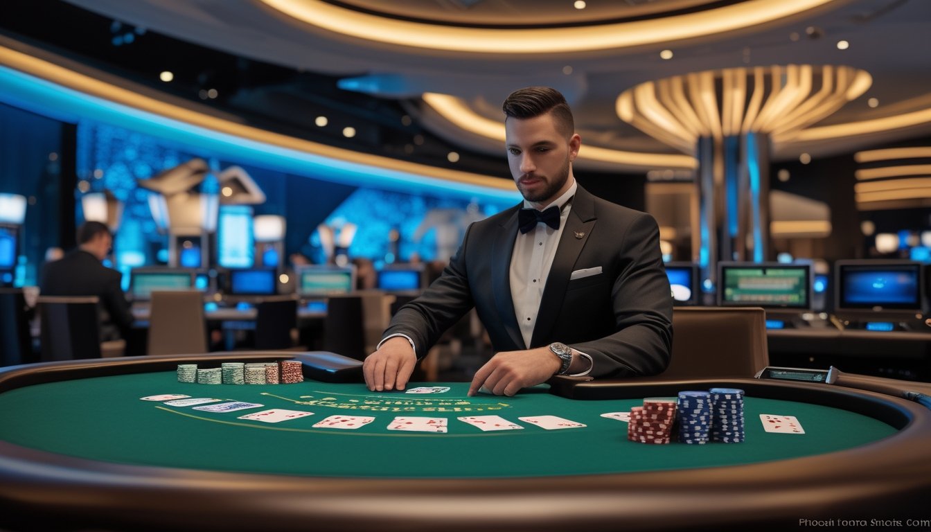 Dealer membagikan kartu blackjack di meja kasino dengan pemain yang duduk di terminal taruhan bergaya stadion.