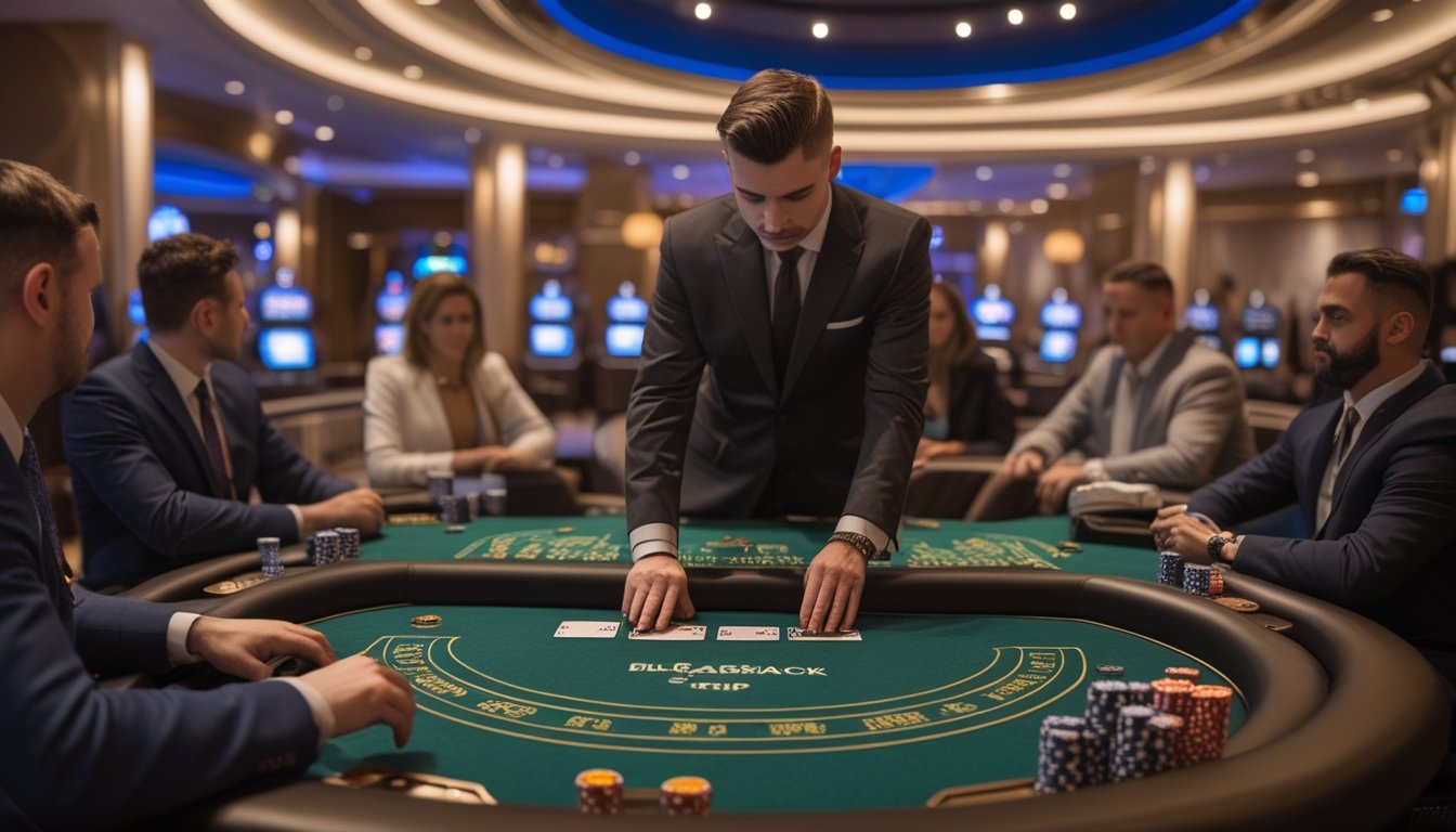 Meja blackjack dengan dealer, kartu, dan keping kasino di suasana kasino mewah.