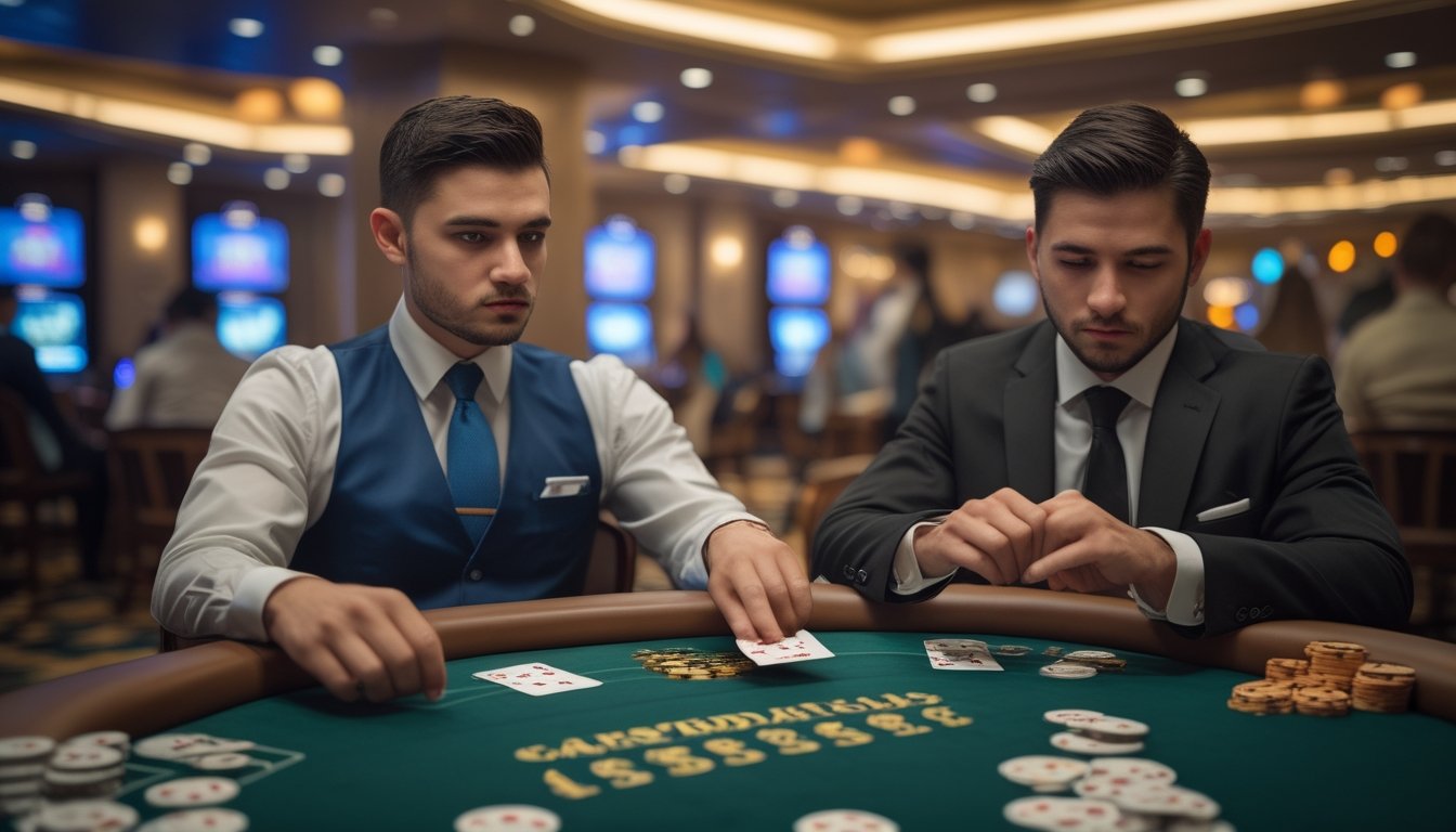 Seorang pemain pemula tampak bingung saat bermain blackjack di meja kasino, dengan dealer dan kartu serta keping taruhan di sekitarnya.
